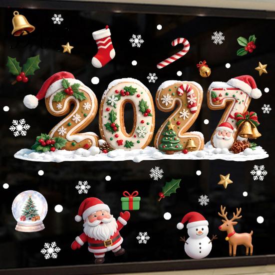 Adhesive Free Glass Ornaments Christmas Gingerbread Window Cling 2027, Static Stickers with Santa Claus Man Decals Snowman Reindeer and Snowflake for