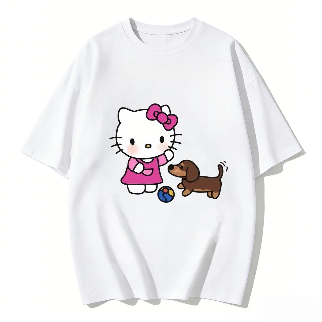 2026 Hello Kitty Tee Soft Cotton Short Sleeve Crew Neck Cute Print Lightweight Summer Top for Women Daily Casual Wear