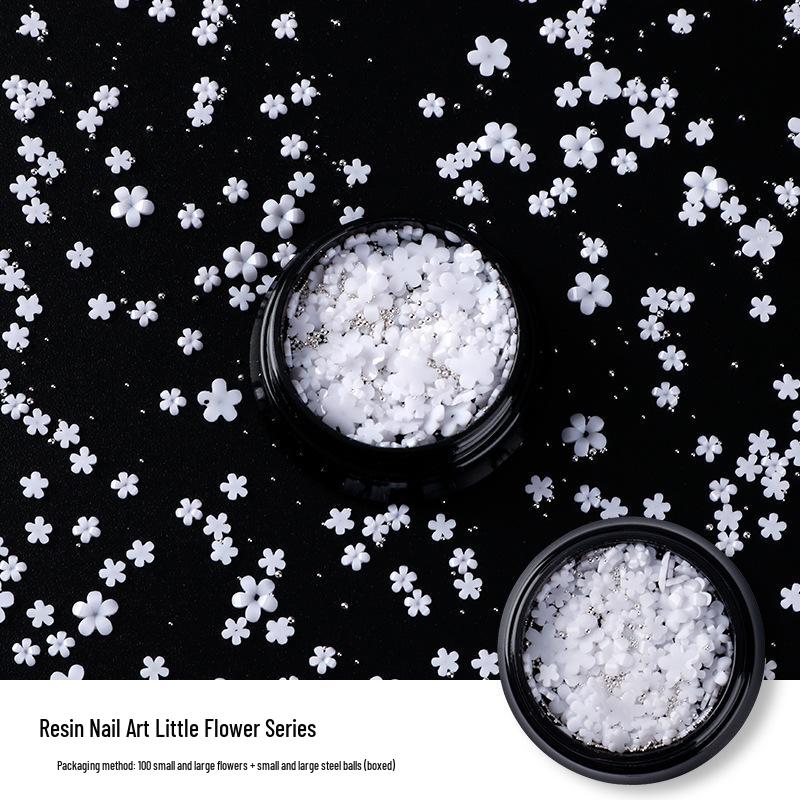 

Белый пятилепестковый цветок из смолы, аксессуары для нейл-арта с черными стальными бусинами