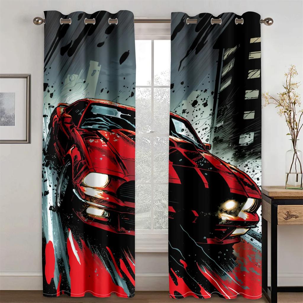 Serietidningsgraffiti Sportbilar Coola Pojkar Barn Män 2 Delar Ljusfiltrerande Gardin för Vardagsrum Sovrum Hem Fönsterdraperi Dekor