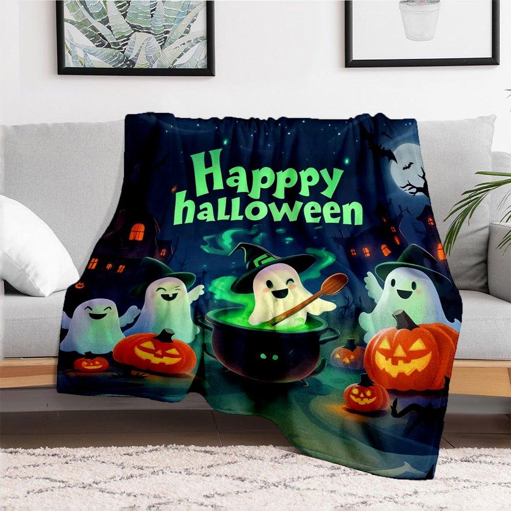 Halloween Ghosts and Pumpkins Cauldron Scene Kids PosterBlanket Flannel Throw Blanket for Sofa, Bed, Travel, Camping, Office