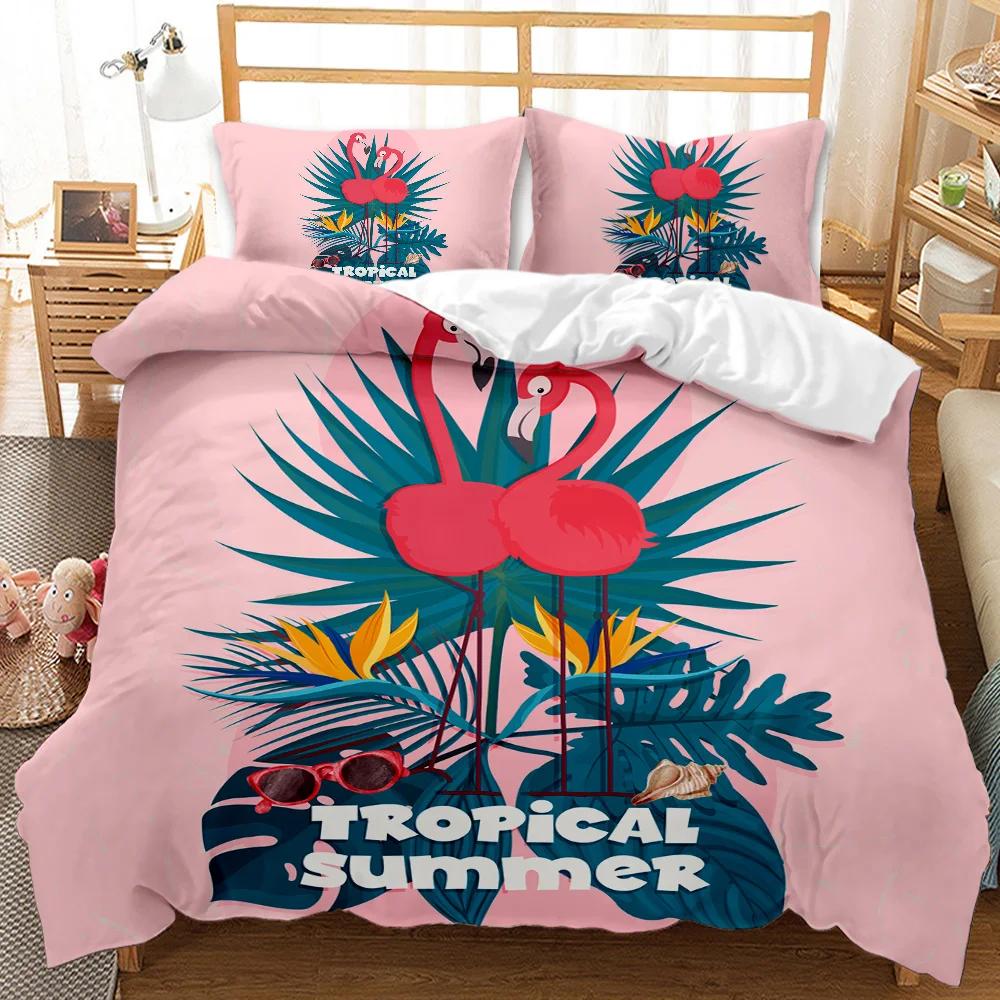 Flamingo Duvet Cover Couple Flamingo Palm Leaf Twin Bedding Set Tropical Botanical Leaves Summer King Size Polyester Quilt Cover