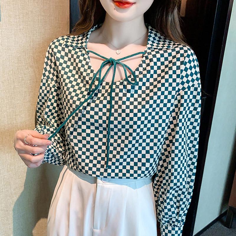 Women Blouses Shirts 2025 Spring Long Sleeve Women Blouse Shirt O-Neck Plaid Chiffon Blouse Shirt Women Tops J585