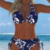 Sexy Women's Split Swimsuit Bikini Set with Split Print Patchwork and Halter Neck Design