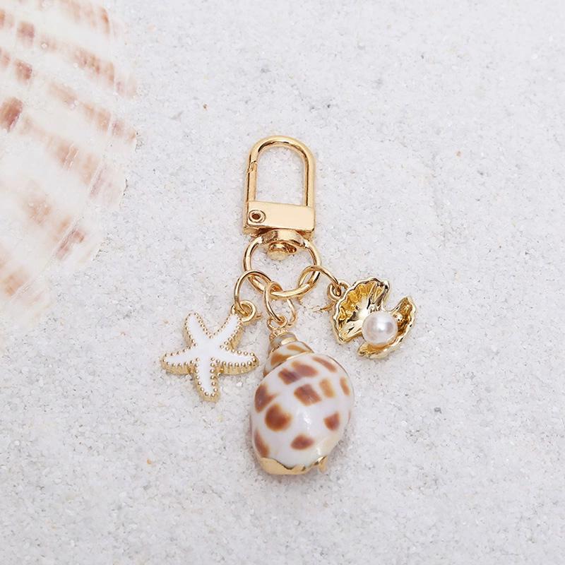 1PC Key Ring Bohemia Tassel Pendant Gold Color Starfish Conch Exquisite Pearl Shell Bag Ornaments Keyrings