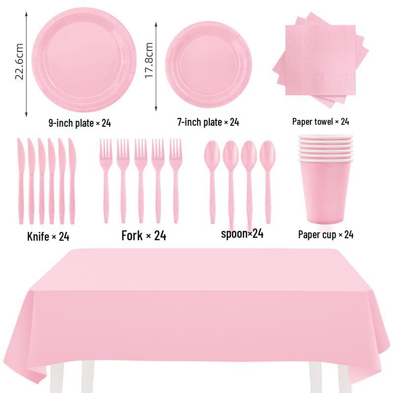 Birthday Party Tableware Set: Light Pink Napkins, Paper Cups, Plates & Tablecloth.