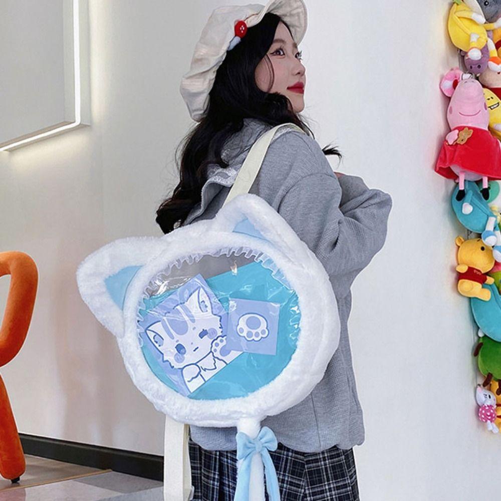 

Japanese Style Transparent Pouch Itabag Preppy Style Plush Backpack Cute Cat Shoulder Bag Students рожевий
