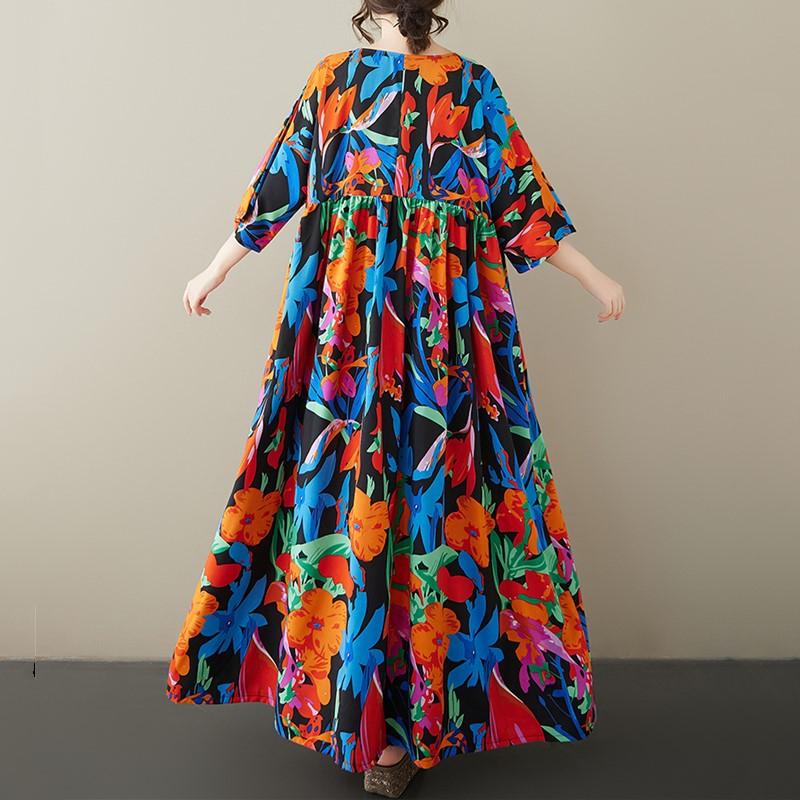 Short Sleeve Plus Size Cotton Vintage Floral New In Dresses for Women Casual Loose Long Summer Dress