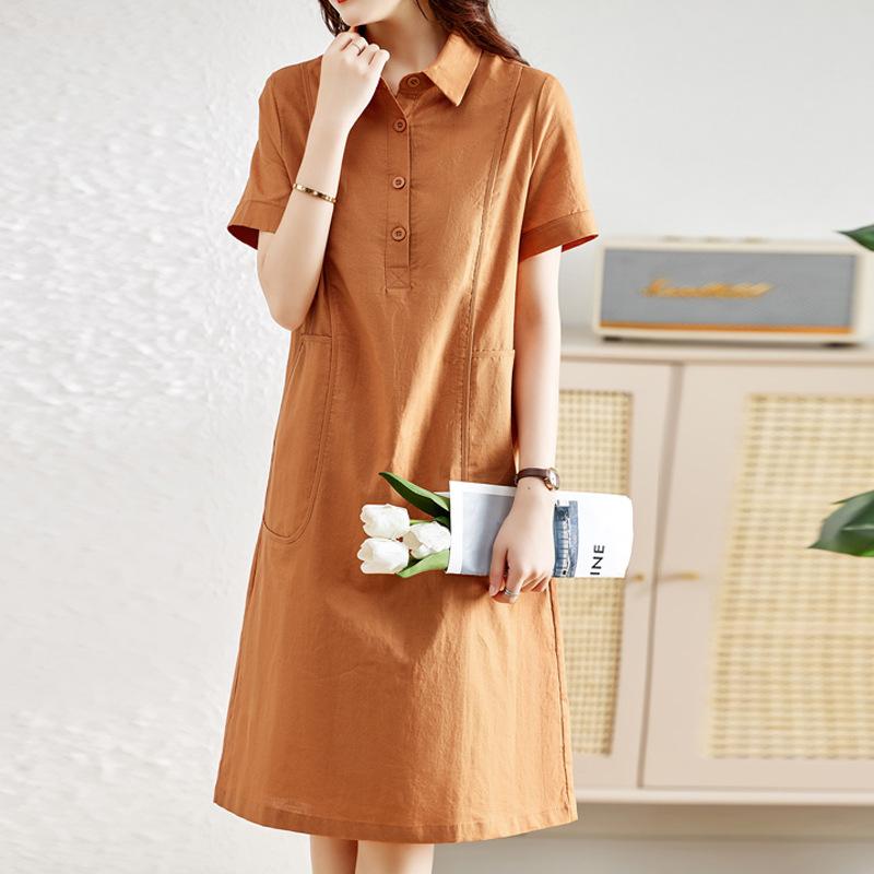 

Платье женское летнее А-силуэт для похудения повседневное прямое платье-рубашка юбка для мамы M оранжевый