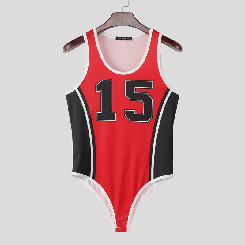 INCERUN Men Sleeveless Stitching Letter Print Briefs Bodysuits Fitted Jumpsuits Underwear