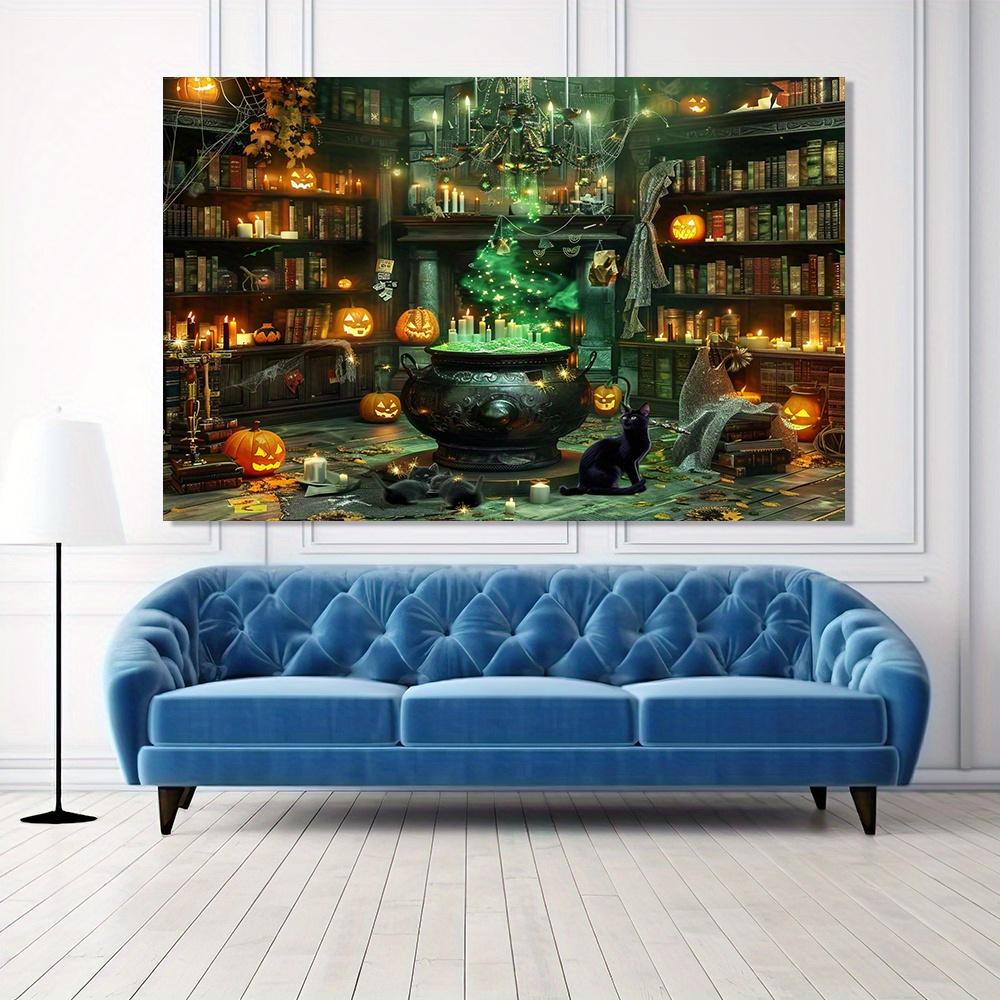 2D Flat Banner 1PC Halloween At the Magic Library Scenes of the Witch's Big Pot Pumpkin Lanterns and Spell Books