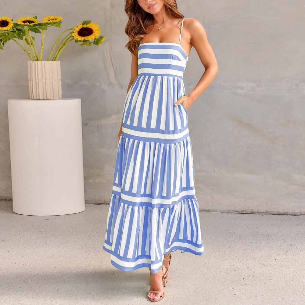 Women's Strapless Sleeveless Midi Dress Loose Mid Waist Vertical Stripe Printed Polyester Micro Elastic Tiered Ruffle Summer Vacation Maxi Dress