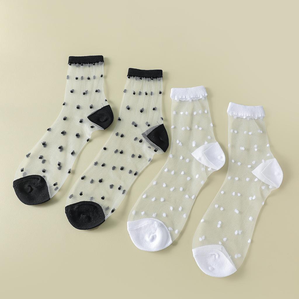 2 Pairs Women Heart Stripe Polka Dots Pattern Sheer Silk Socks Spring Summer Breathable Thin Transparent Crew Socks