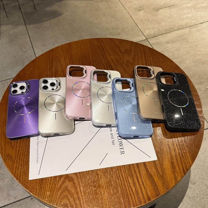 Ice Crystal Glitter Is Suitable for Apple 16 Thin Ring Magnetic Mobile Phone Case iPhone15promax Lens Holder CD Pattern