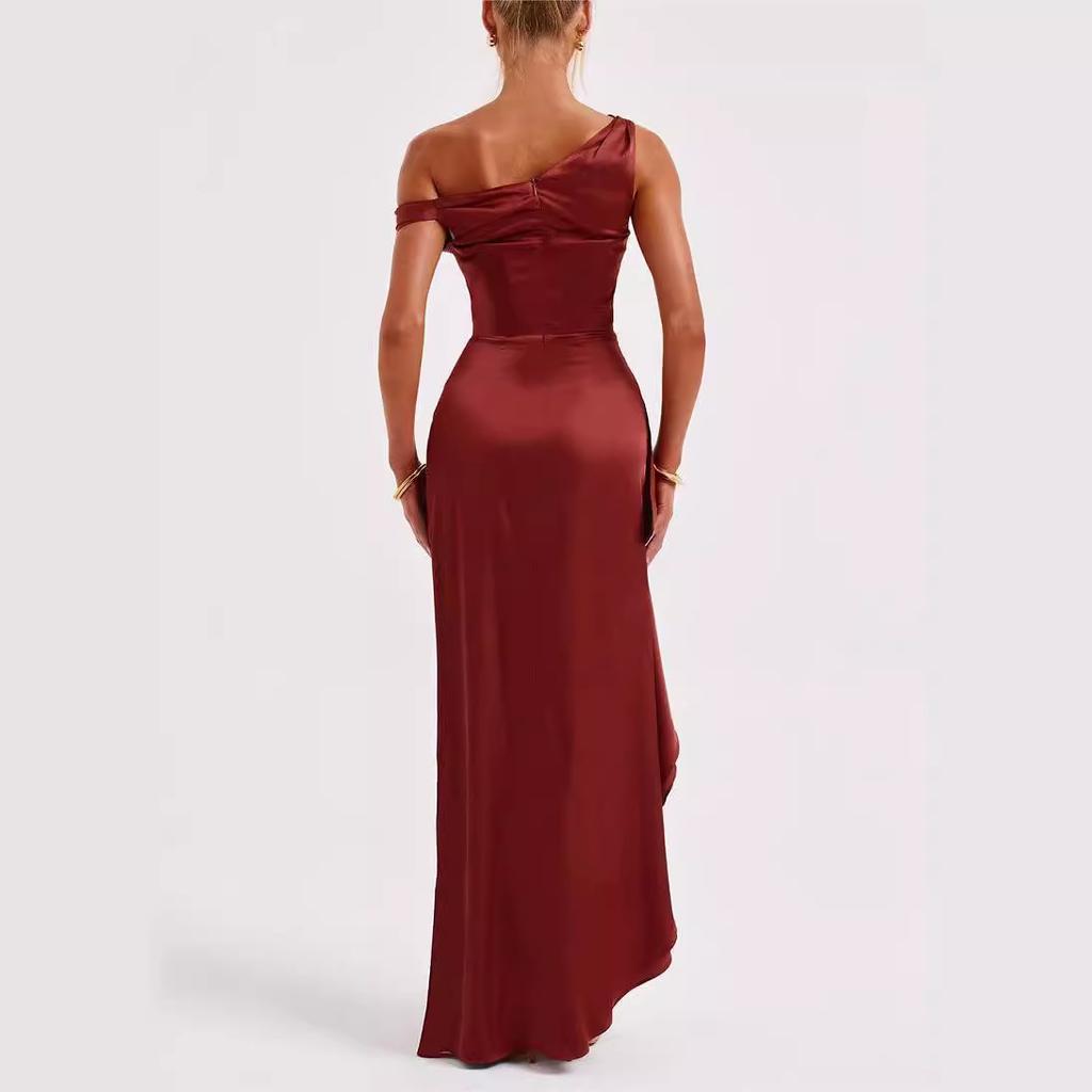 European and American women's clothing new slanted shoulder high-end dress with irregular hem slits