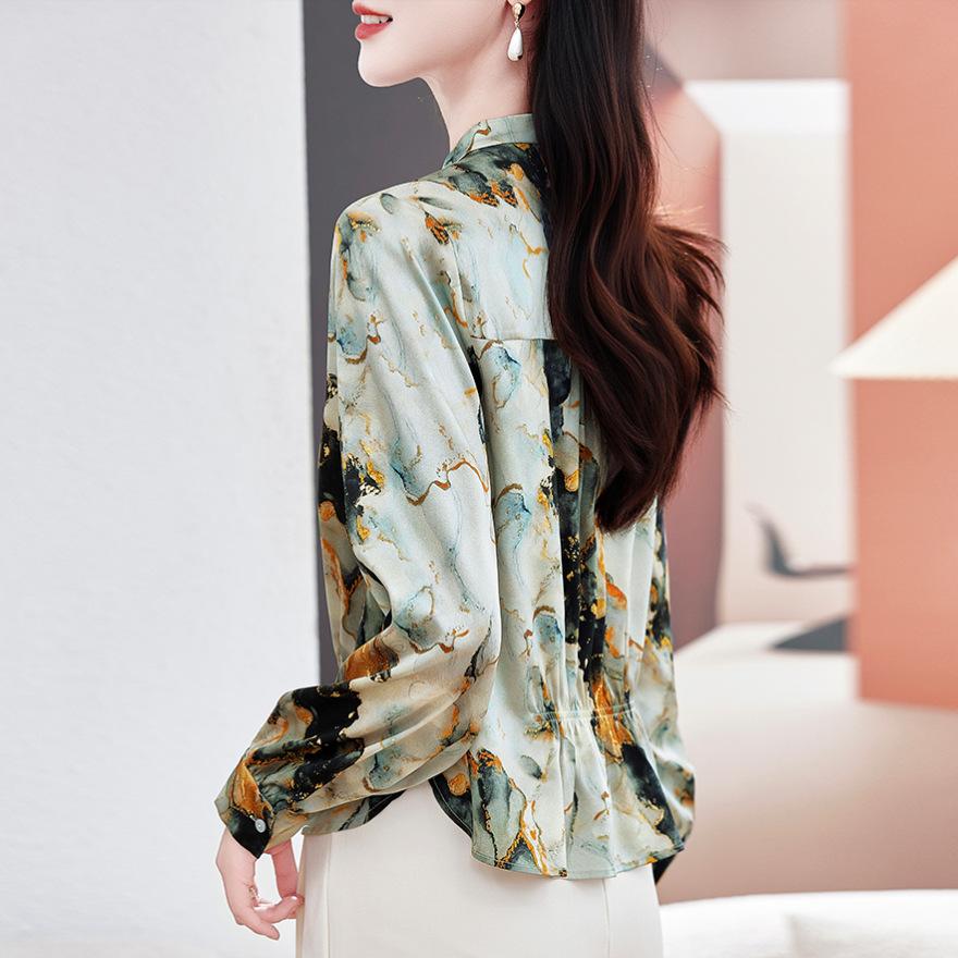 Silk shirt women's long sleeves spring and summer new printed loose large size meat-covered mulberry silk top