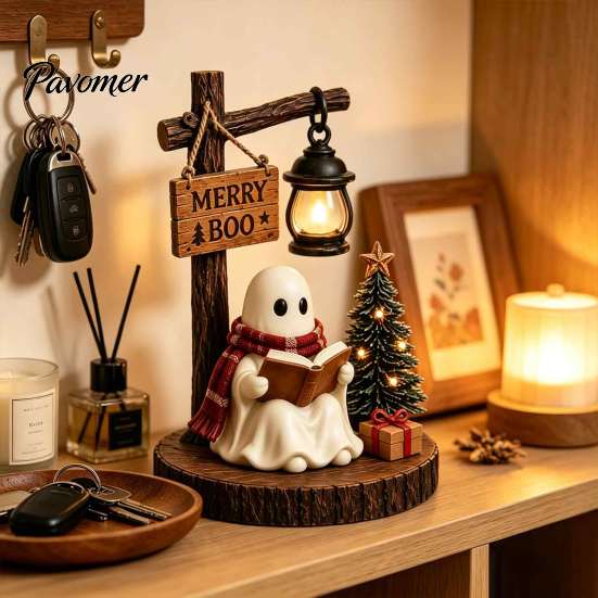 Healing Ghost Figurines Halloween Figurine, Vintage Cozy Reading Book/Walking Dog Statue with Lantern, Autumn Harvest Decorations Light Up Spooky