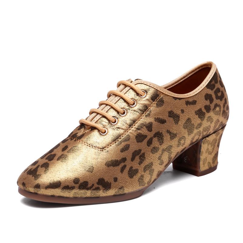 Jazz Dance Shoes for Women Girls Golden Leopard Print Latin Indoor Dance Shoes for Women Soft Soles Lace-Up High Heels