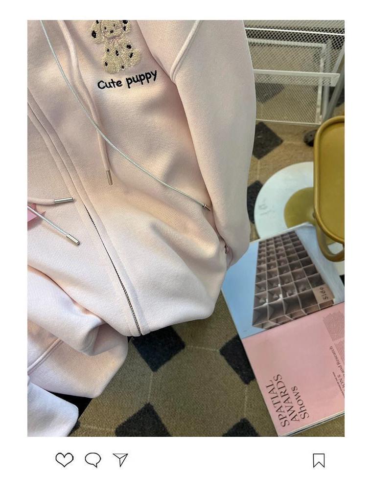 Women's Sweet Preppy Pink Hooded Sweatshirt - Bow Cardigan for Autumn/Winter