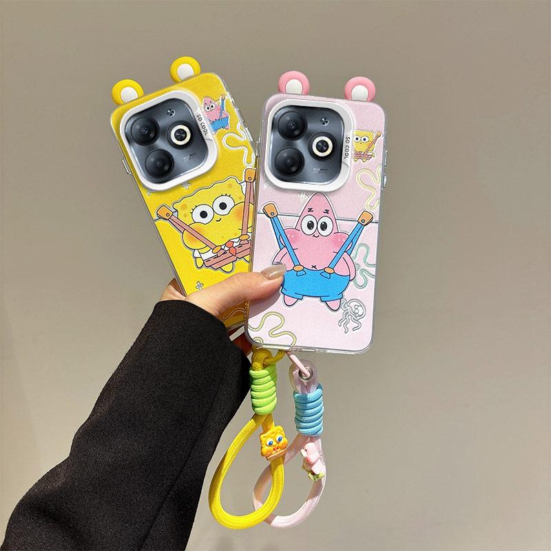 KEYSION Cute Ear Cartoon Case for Infinix Hot 40i with Lanyard Soft Silicone+PC Shockproof Phone Cover for Infinix Smart 8 HD