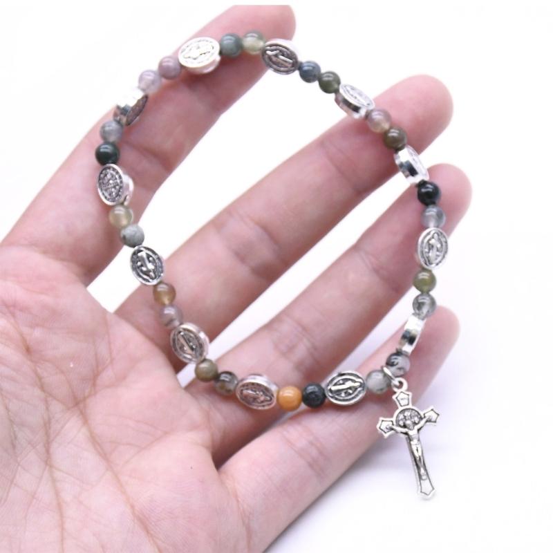 Beaded Stretch Rosary Bracelet with Cross-Charm Catholic Bracelets for Women Girls Religious Rosary Jewelry Wristband
