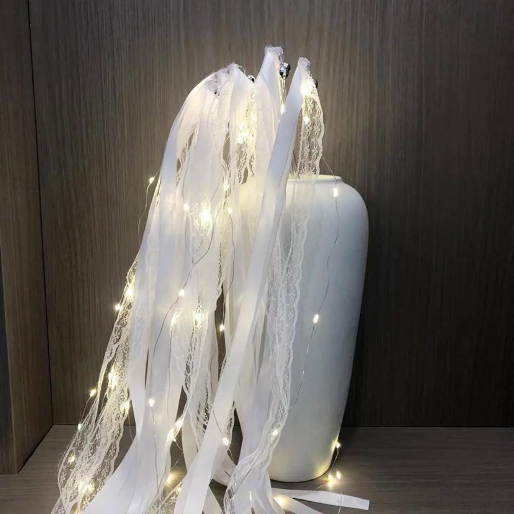 2pcs Decorative Fairy Wands with LED Lights Lace Ribbon Ribbon Streamers Blue Pink White 12 inch Ribbon Wands Birthday Party