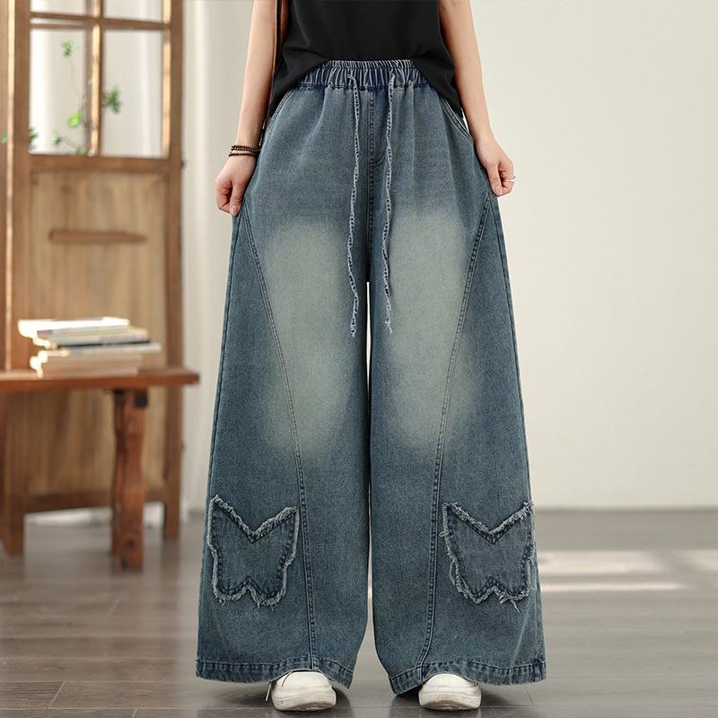 

Plus Size Elastic Wide-Leg Denim Pants - Casual, Slimming, Versatile XL синій