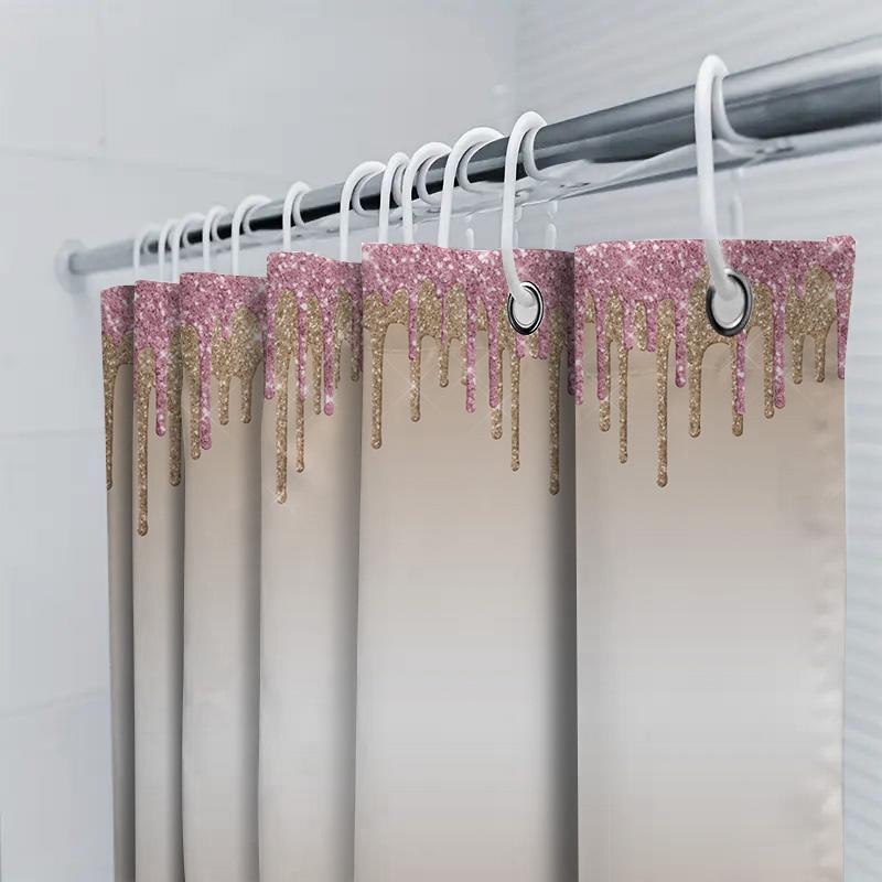 Luxury Bathroom Shower Curtain Set With Gold Sparkle And Pink Glitter: Dripping Waterfall Design For Home Decor Modern Bath Acce