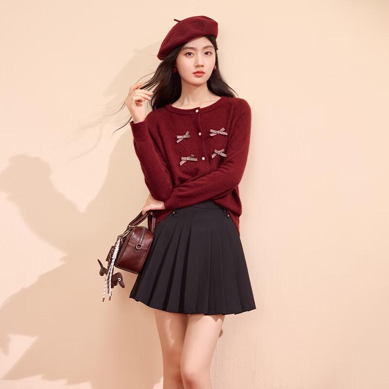 Xiangying Women's Christmas Red Bowknot Knitted Cardigan