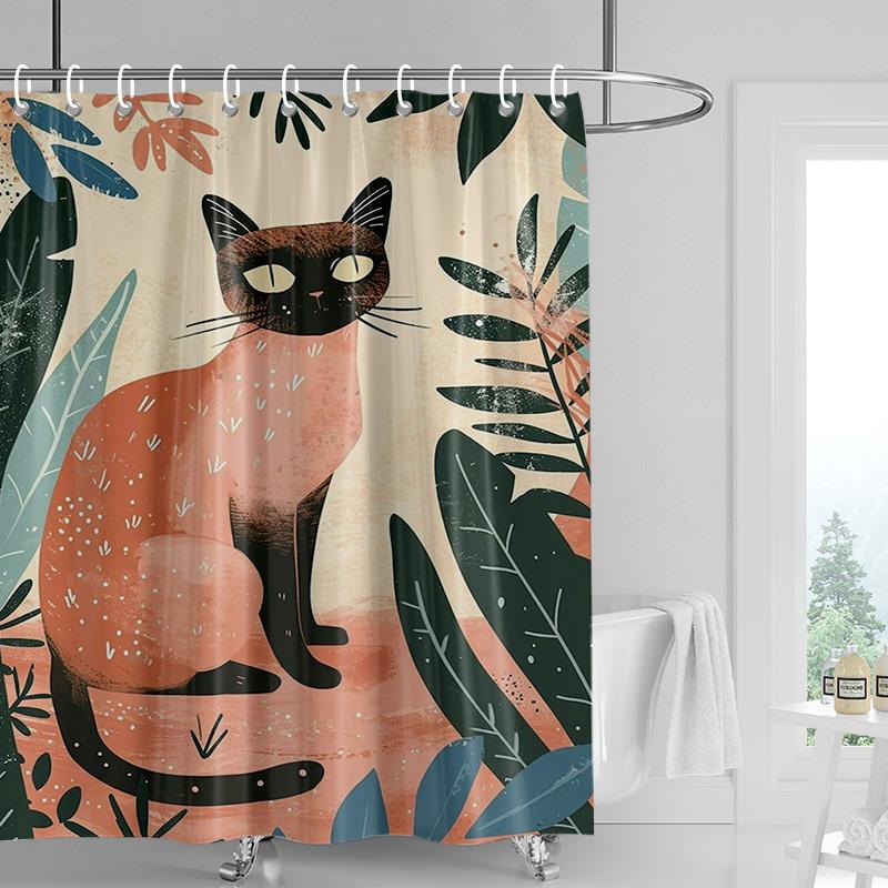 Abstract Art Cat Theme Shower Curtain 180x 200cm Waterproof Mildew-proof Bathroom Curtain Bathroom Ins Wind Decorative Curtain