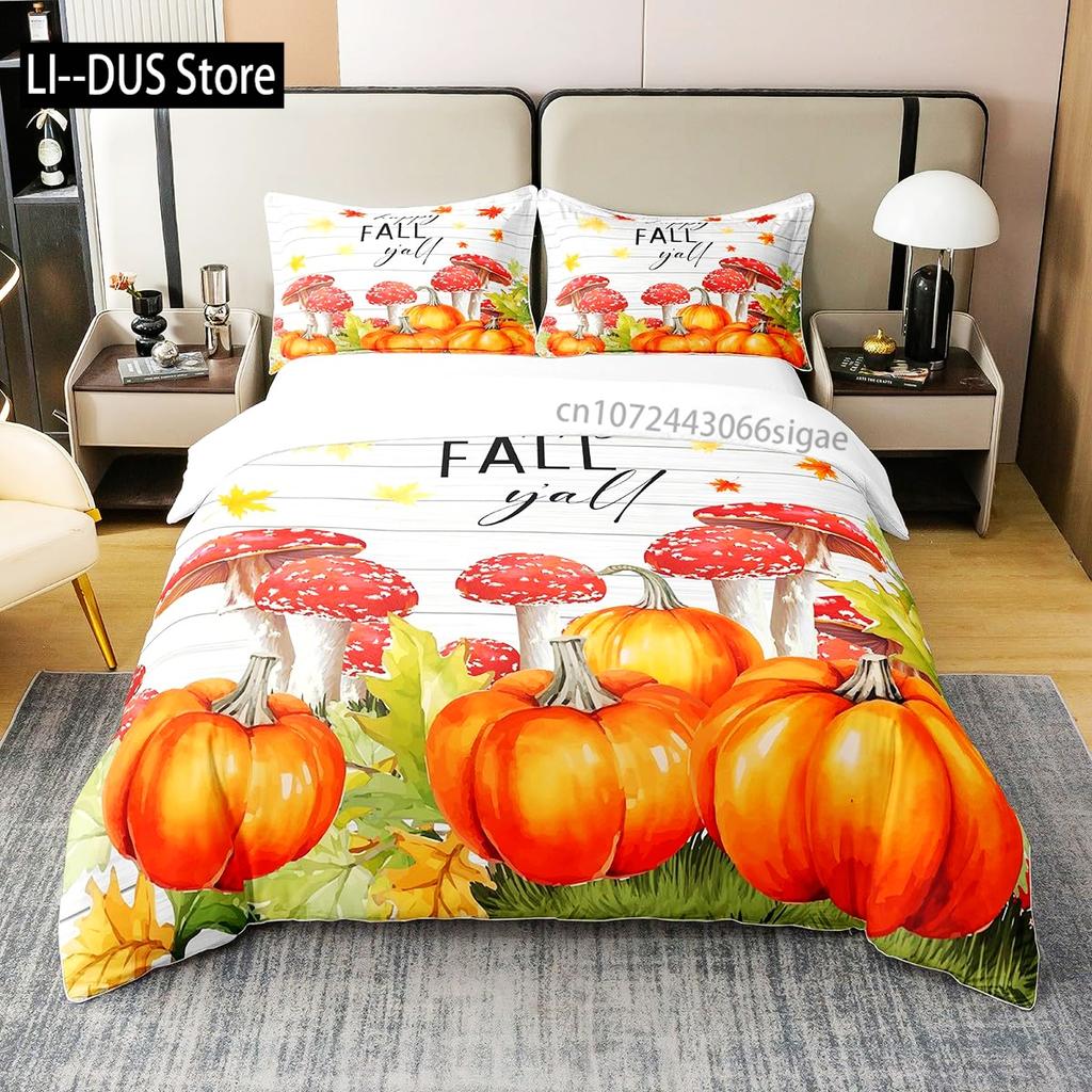 Autumn Pumpkin Duvet Cover Full Size 3 Pcs Watercolor Orange Maple Leaves Bedding Set For Kids Teens Adults With 2 Pillowcases