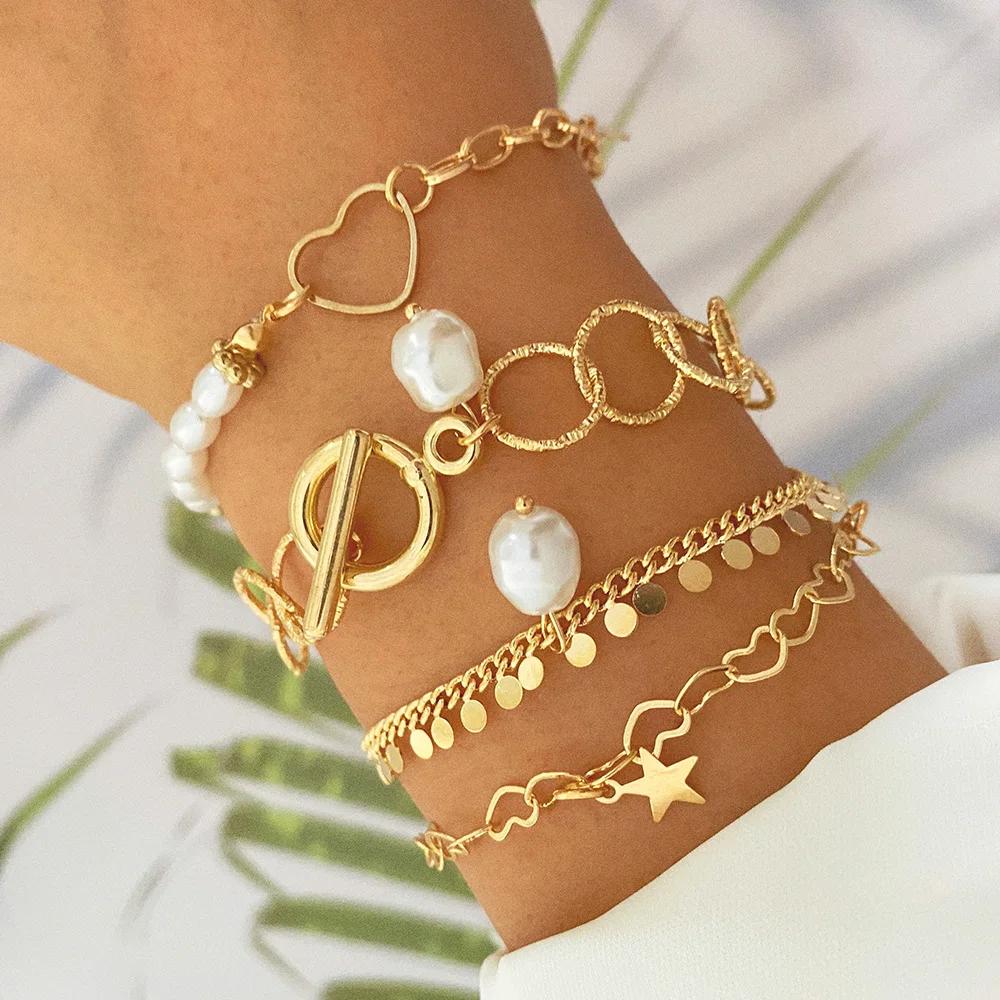 Punk Golden Metal Thick Chain Bracelets for Women Men Pentagram Heart Beads Pendant Charm Bracelet Set Fashion Jewelry