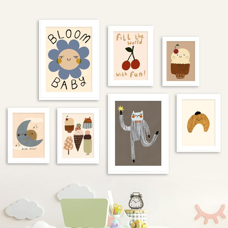 Cat Cherry Ice Cream Acorn Apple Sun Moon Fun Cartoon Vintage Poster Prints Wall Art Canvas Painting Kawaii Baby Kids Room Decor No Frame