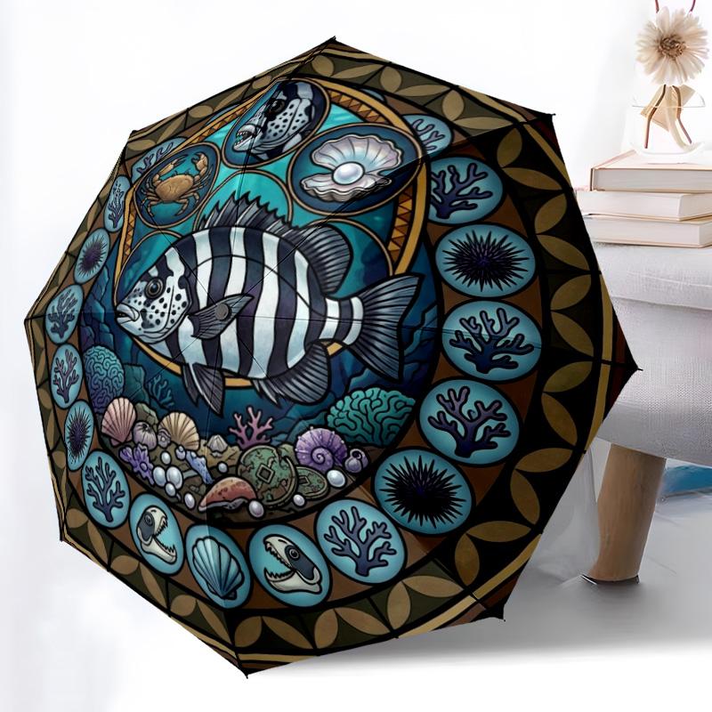 Marine Life Glass Pattern Umbrella, Portable and Foldable Design, 8 Ribs, a Casual Accessory for Halloween, Christmas, and Birthday Gifts.