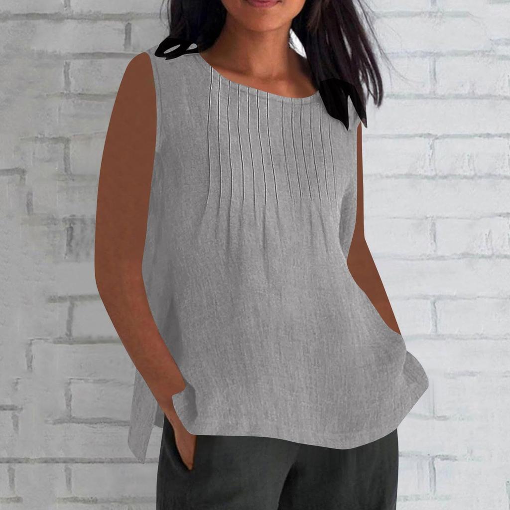 Women's Fashionable And Casual Sleeveless Vest Solid-color Cotton And Linen Pleated Sleeveless Top T-shirt