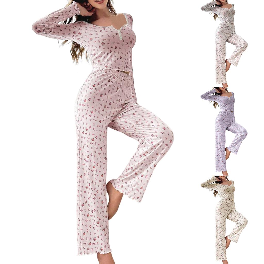 Women's Comfortable And Cute Floral Long-sleeved And Long-pants Pajama Set