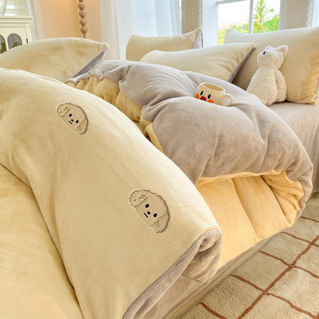 Thickened Milk Fleece Four-Piece Set, Embroidered Coral Fleece Quilt Cover, Thermal Bedding, Fleece Bed Sheet Three-Piece Set