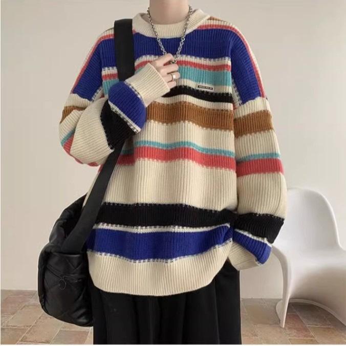 Cross2025 Men s Striped Knit Jacket - Autumn/Winter Youth Style, Loose Fit Sweater for Couples. L