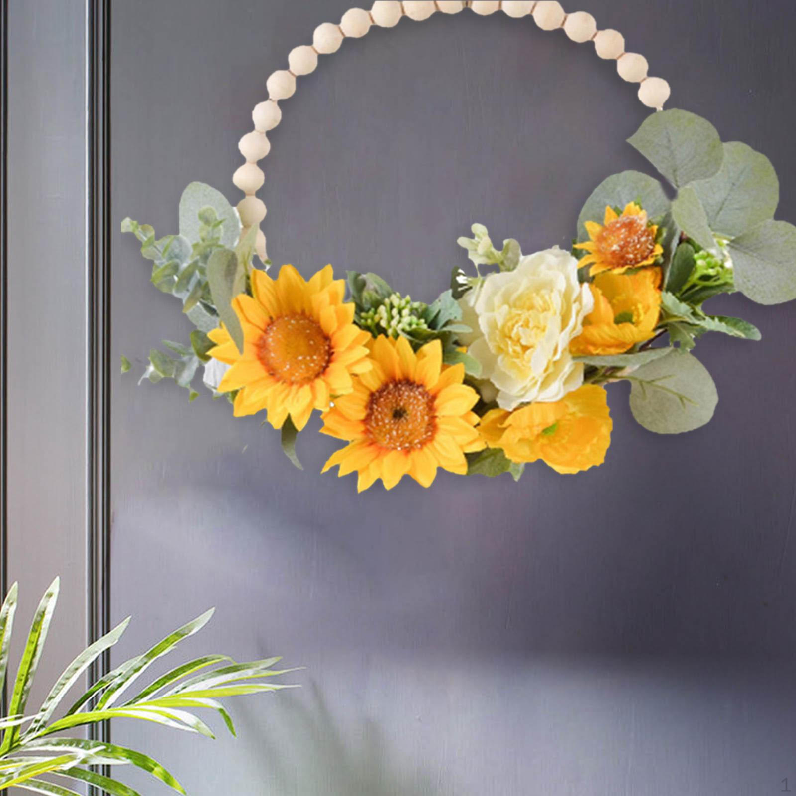 Artificial Sunflowers Wreath, Wood Bead Garland Seasonal Wreath Spring Floral for
