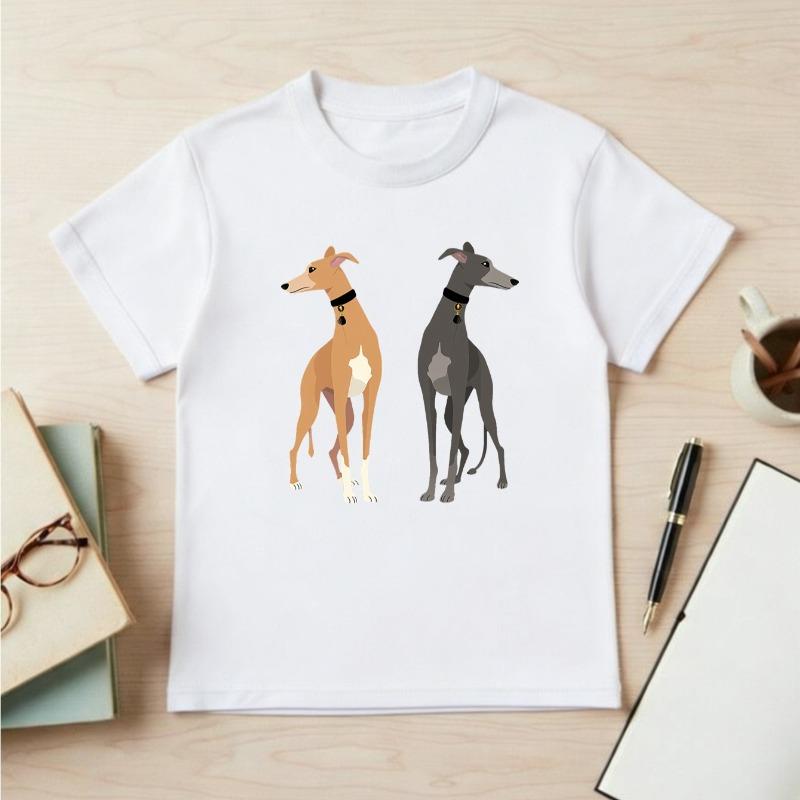 Kids Cute Greyhound Cartoon Print Crewneck Short Sleeve Tee, Fashion Animal Pattern Summer Top 110 белый