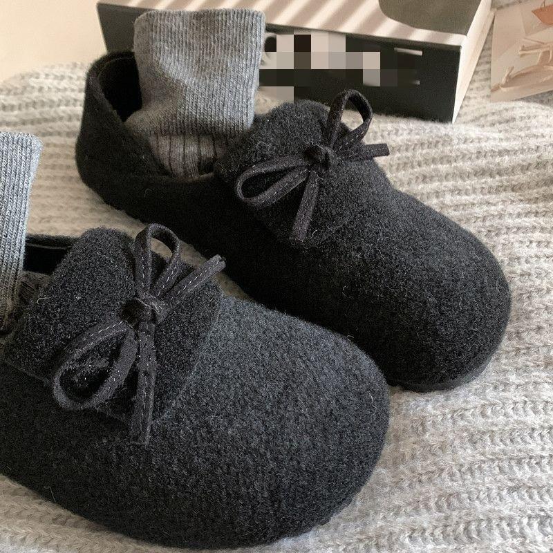 Versatile Velvet Warm Round Hair Shoes Autumn and Winter New with Skirt Bow Soft Flat Cotton Shoes