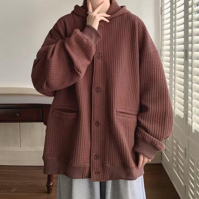 Japanese Style Hooded Open Cardigan Sweatshirt Men's Spring Autumn Heavy Pure Color Loose Trendy Jacket Couple Outerwear
