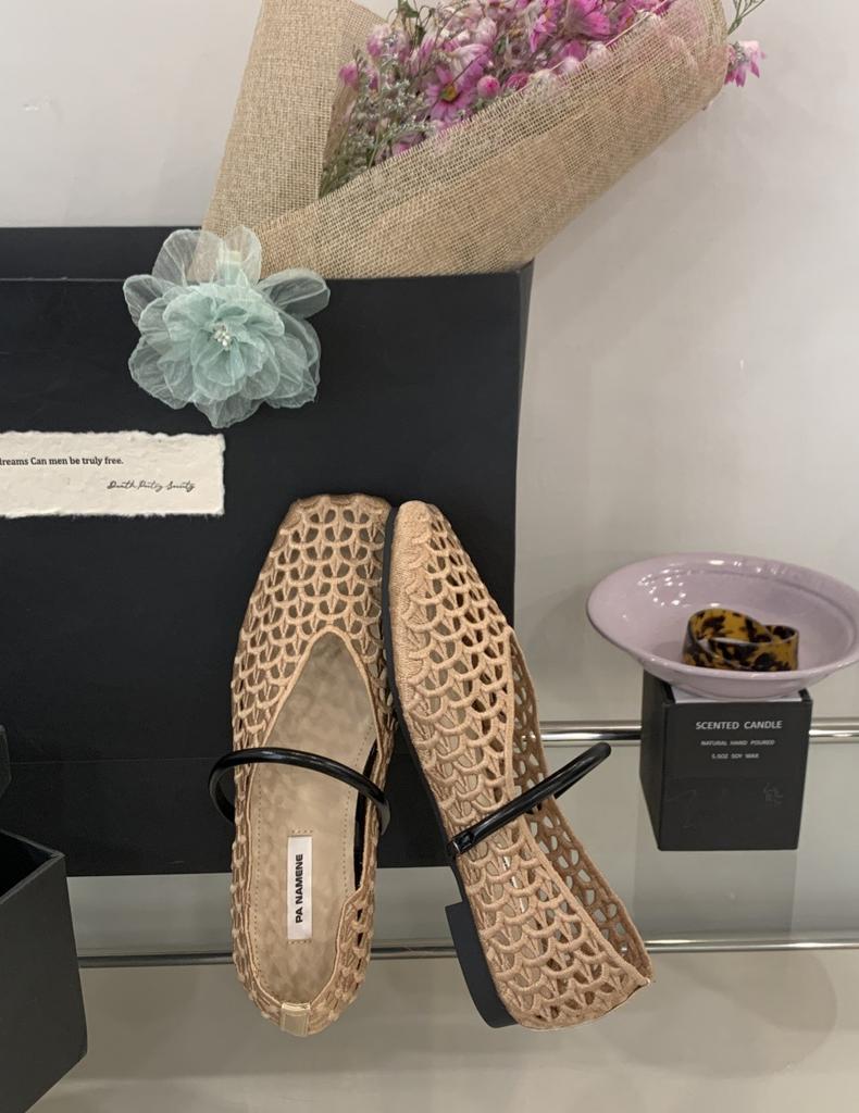 2025 summer new hollow woven mesh sandals women's word with flat bottom low heel Mary Jane shoes