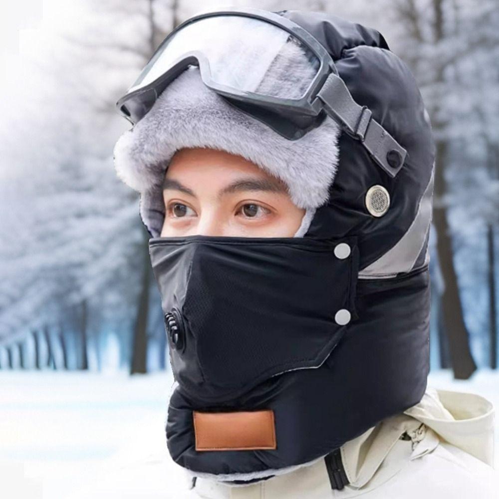 Russian Ushanka Winter Plush Hats with Goggles Cycling Windproof Cap Pilot Hat Lei Feng Hat  Sports