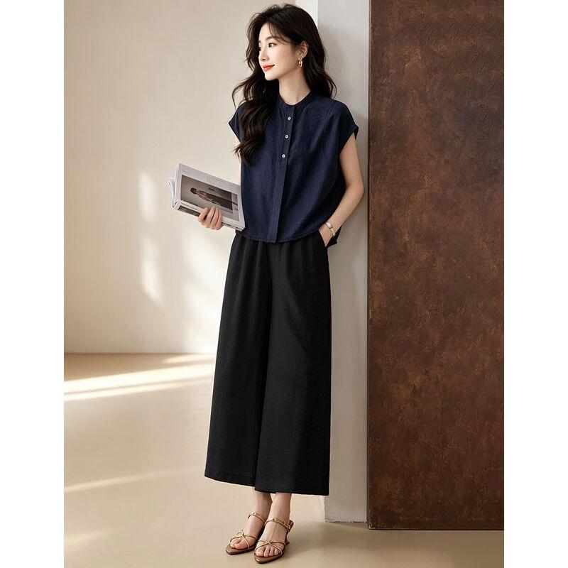 D.F.DEAR Women's Stand Collar Sleeveless Shirt & Wide-Leg Pants Set