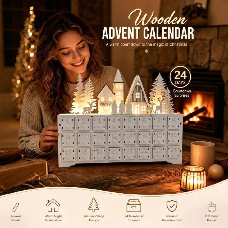 24 Drawer Wooden Advent Calendar In Christmas Village Style, Lighted Indoor Piece for Shelf Display and Daily Seasonal Tradition