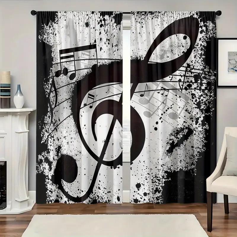 2pcs Artistic Music Note Printed Curtains, Designed for Light Filtering, Quality Material, Ideal for Music-Themed Home Window De