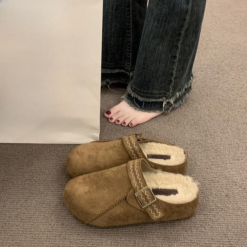 New Women's Thick-soled Half-slipper Shoes with Fleece, One-foot Flip-top, and Warm Cotton