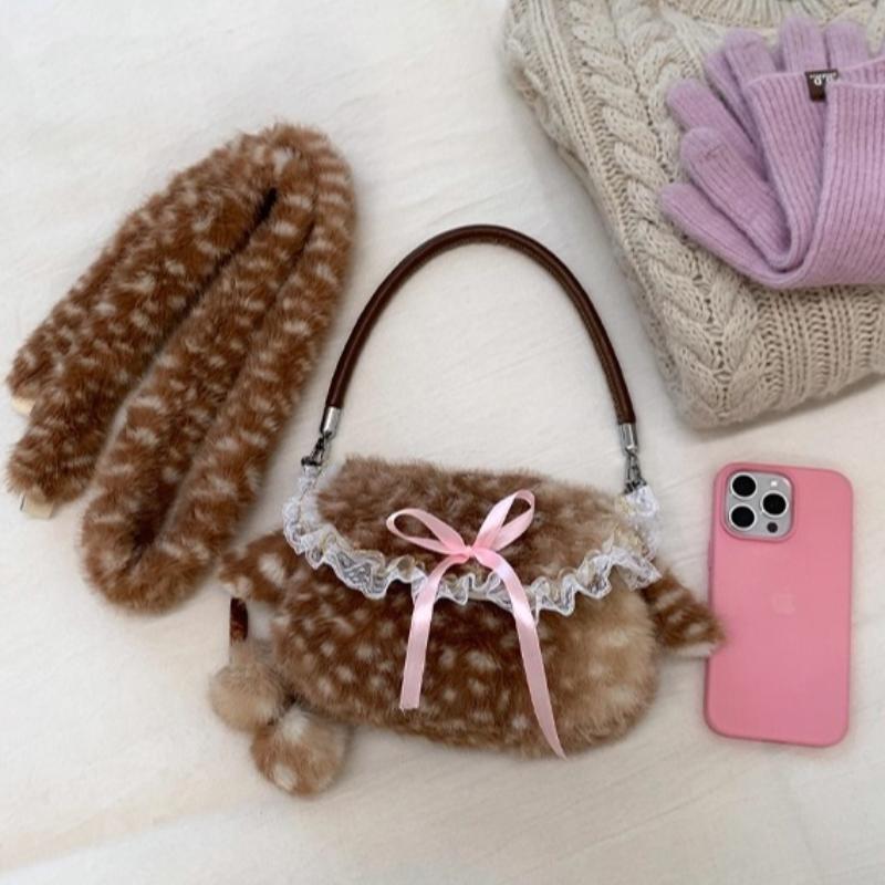 Lolita Plush Handbag Cute Lace & Bow Decor Faux Fur Shoulder Bag Vintage Brown Top-handle Bag Spotted Deer Pattern Underarm Bag