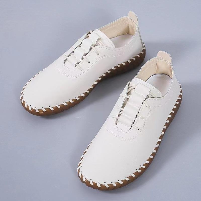 Flache Sneakers für Damen, Frühling, neue handgefertigte Näharbeit, echtes Leder, Kuhmuskel, weiche Unterseite, täglicher Schnürschuh für Damen, Freizeitschuhe